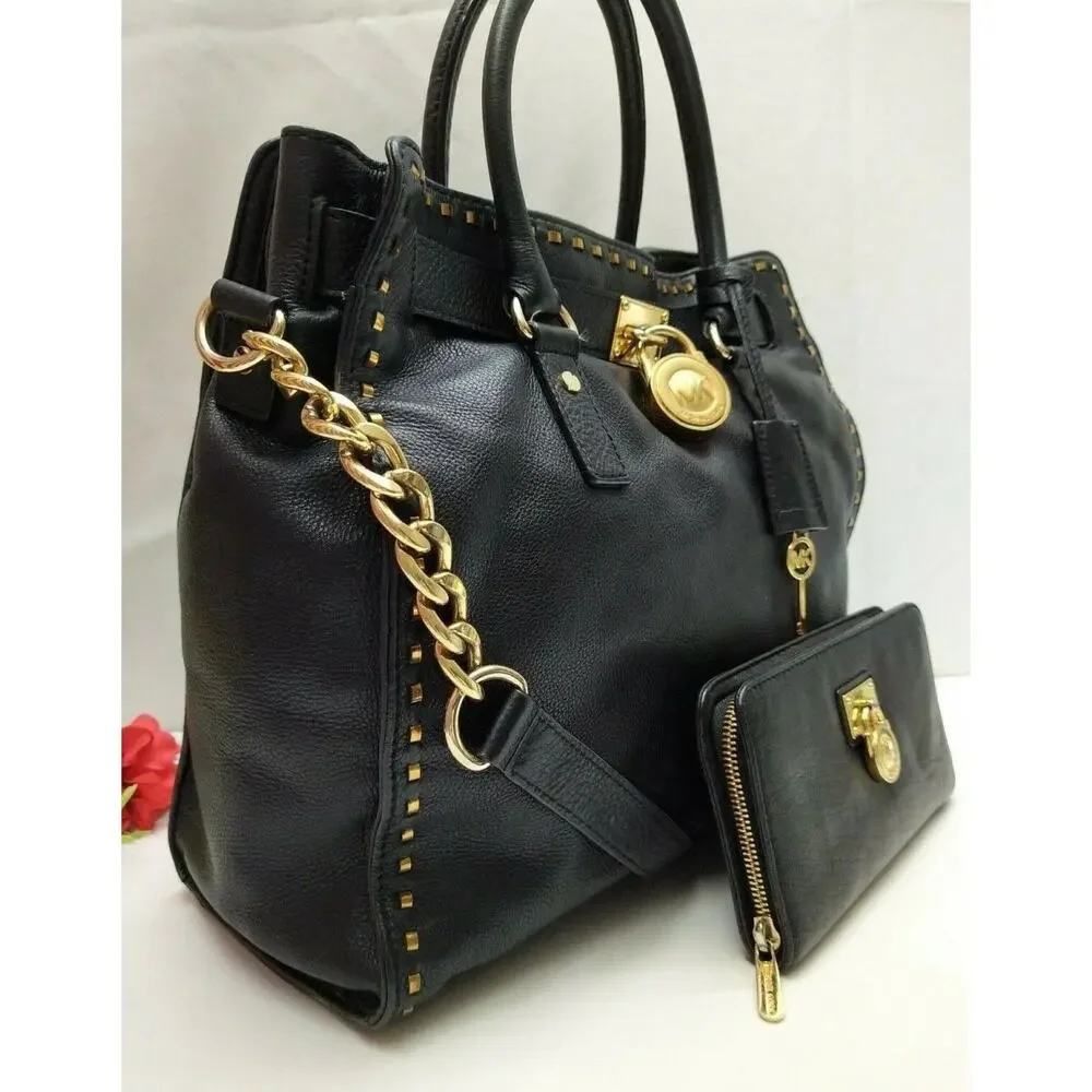 Michael Kors Hamilton Black Leather Satchel Shoulder Bag w/ Matching Wallet